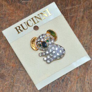 NOS new vintage ruccini gold tone green rhinestone koala animal brooch pin